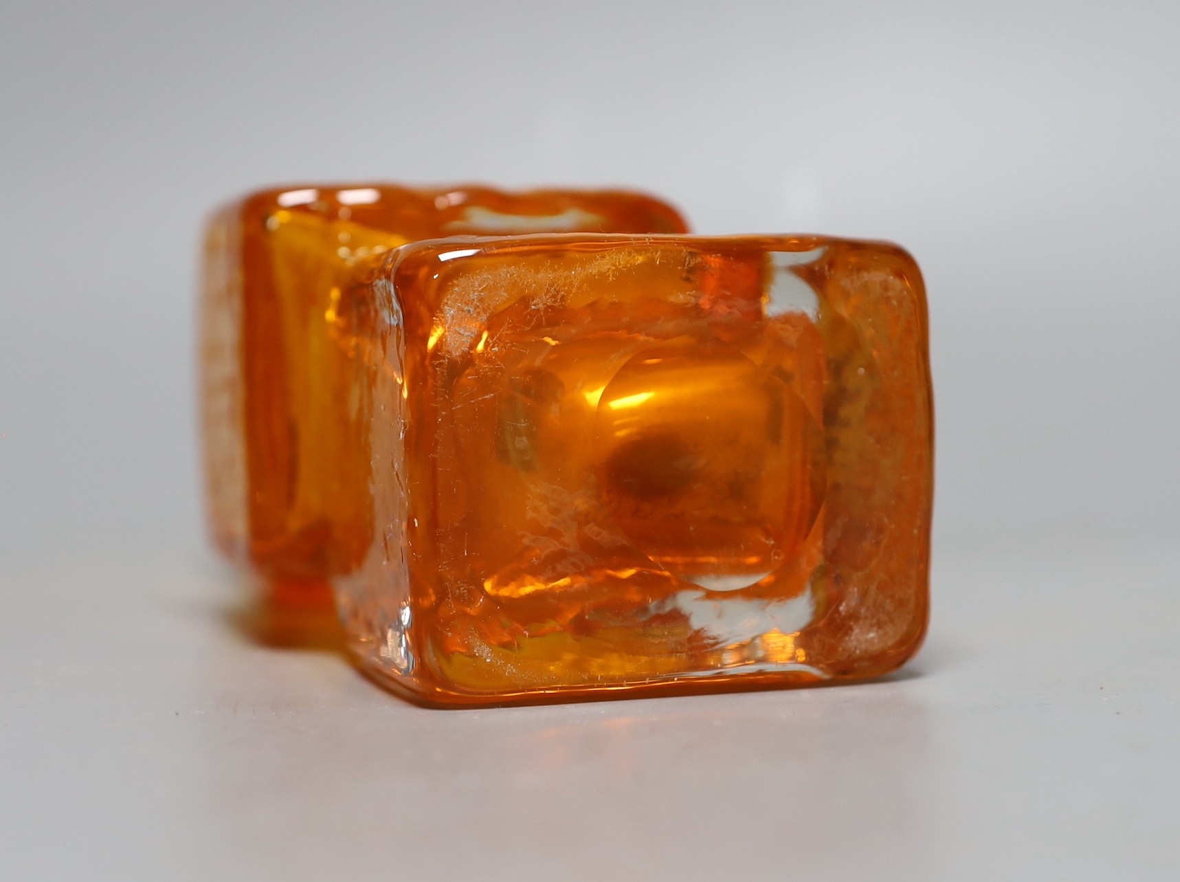 A Whitefriars 'Drunken Bricklayer's' glass vase, designed by Geoffrey Baxter, pattern number 9673, tangerine glass, 21cm tall